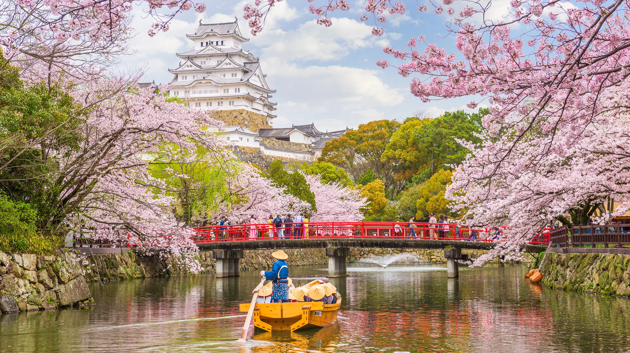 Barca tradizionale giapponese che naviga sotto i rami di ciliegi in fiore vicino al Castello di Himeji, viaggio Giappone proposto da Monica Alberghini.