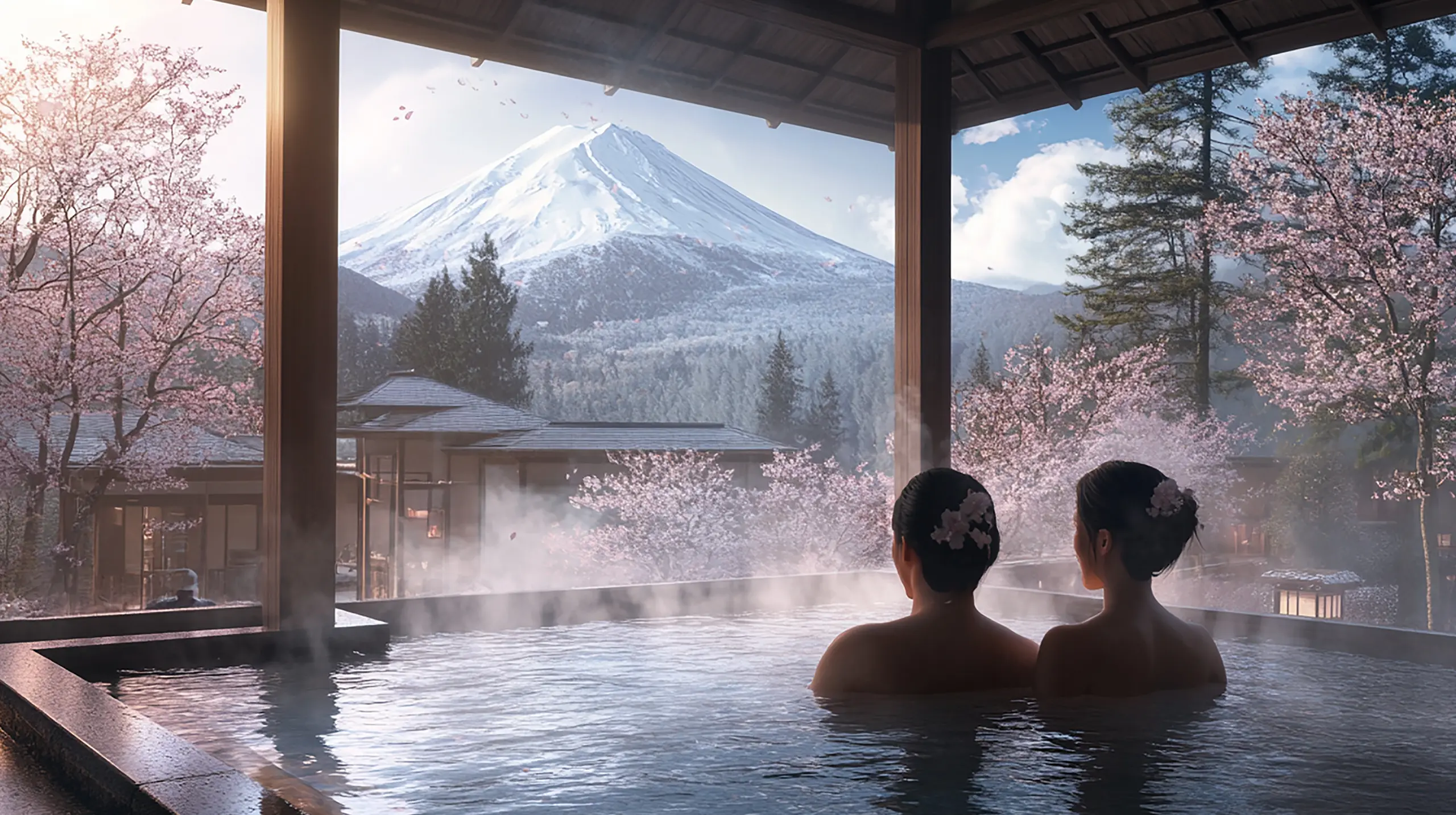 Due donne immerse in una onsen tradizionale giapponese, con vista sul Monte Fuji con ciliegi in fiore, proposta viaggio benessere di Monica Alberghini.
