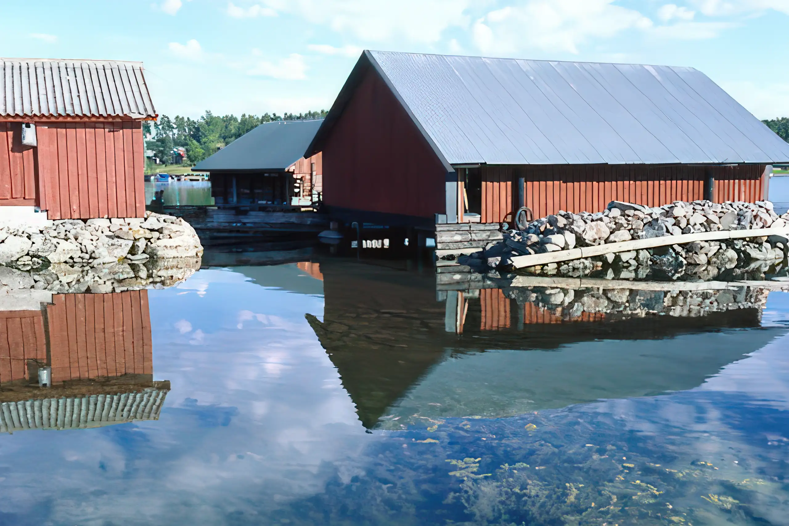 Case rosse tipiche riflesse sull'acqua cristallina di un arcipelago in Finlandia, viaggio dalle foreste all'arcipelago finlandese di Monica Alberghini.